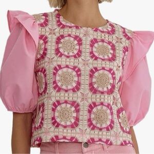 Pink Crochet Puff Sleeve Blouse